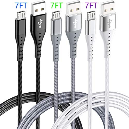 Android Charger Cable XnewCable High Speed Cell Phone Charger 7FT 3PACK Micro USB Cable Multi-Colors Nylon Braided Fast Charging Cord Compatible Android Samsung HTC LG Nexus Kindle (White+Gray+Black)