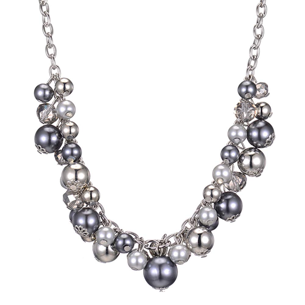 BULINLIN Short Beaded Pendant Chain Necklace Silver Costume Handmade Necklace with Crystal Pearl Beads Fashion Jewellery Gifts for Her(Grey)