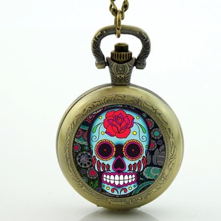 Antique Bronze Vintage Skull Pocket Watch Necklace Skull Pocket Watch Sugar Skull Necklace