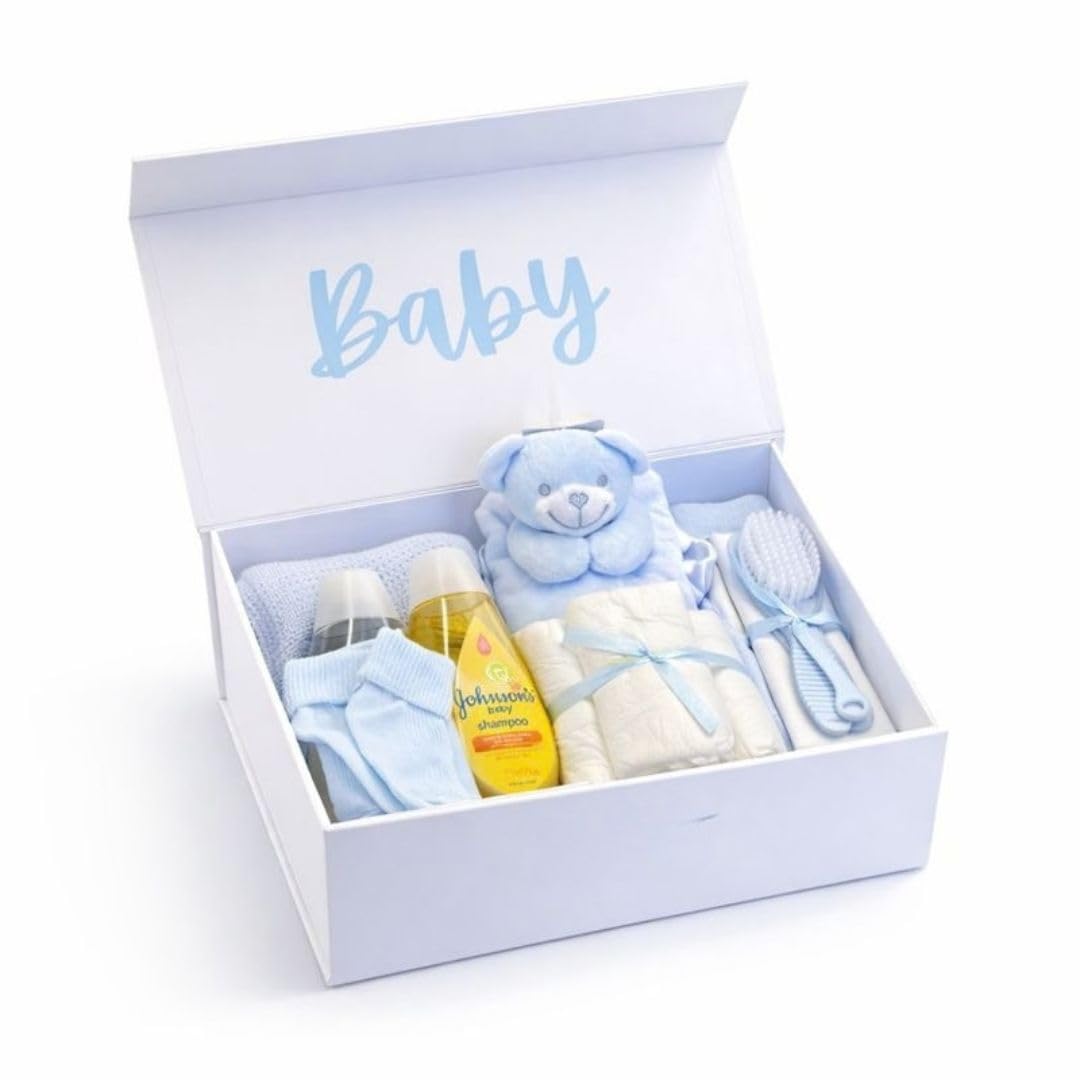 Baby Boy Hamper Gift – 15 Baby Essentials in Keepsake Box | Newborn Baby Boy Gifts for Baby Shower & New Parents