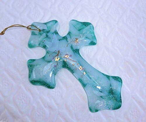 Green and White Fused Glass Easter Wall Cross, Dove, Peace