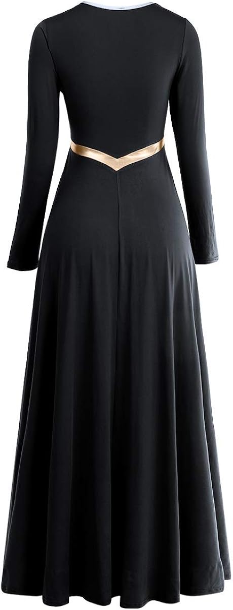 Women Metallic Cross Liturgical Praise Dance Dress Lyrical Dancewear Color Block Full Length Robe Worship Costume: Clothing
