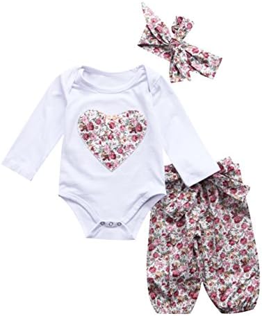 Newborn Baby Girls Floral Heart Peach Print Romper Long Pants With Bowknot Headband Outfit Set (6-12 Months, Style 5)