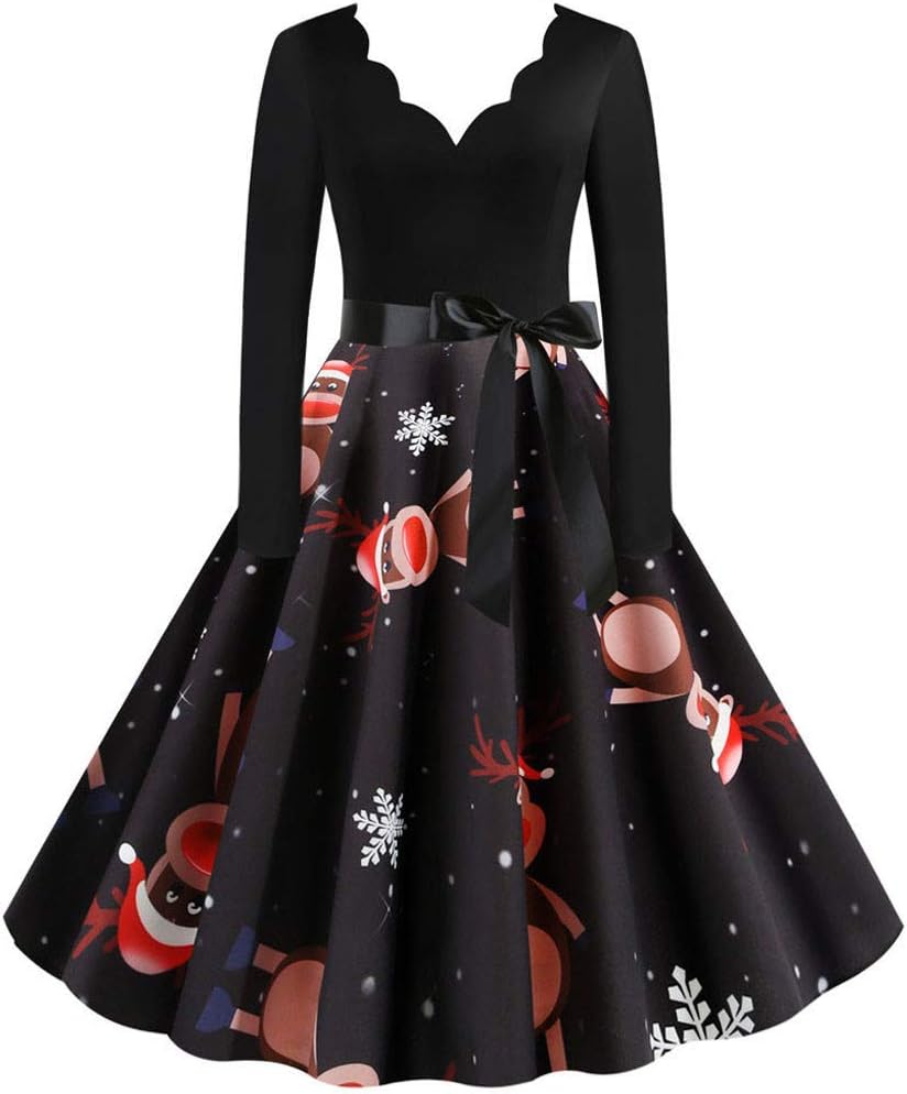 Womens Midi Dress Sale Long Sleeves Christmas Musical Notes Print Vintage Flare Dress Cocktail Prom Gown Dress Evening Party Outfits for Womens by Kinlene