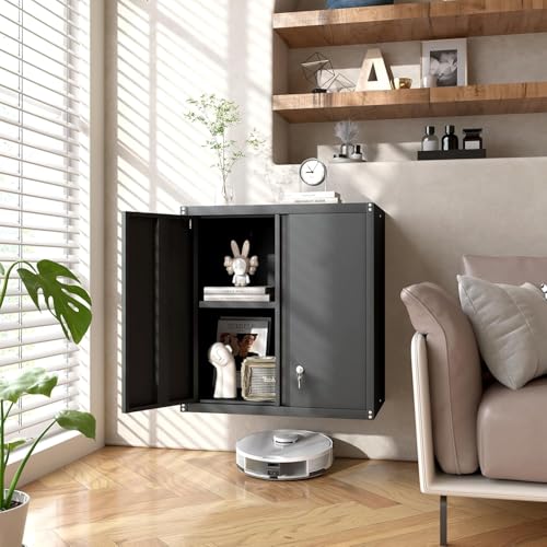 GREATMEET Metal Wall Cabinet, Wall Mounted Storage Cabinet with Lock for Garage Storage, Floating Cabinet with Doors and Adjustable Shelf for Utility Room,Tool Cabinets