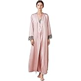 ASHER FASHION 2 Piece Women Satin Nightgowns and Robe Set Sexy Lace Silk Slip Dress Long Chemise Nightdress Sleepwear