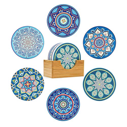 ComSaf-Coasters-for-Drinks-Absorbent-Coaster-with-Holder-Set-of-6-Mandala-Style-Ceramic-Coaster-with-Cork-Base-Tabletop-Protection-Coaster-Gift-for-Housewarming-Home-Bar-Decor-Bohemiya-BOHO-4-Inch