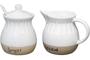 Karisky Sugar and Creamer Set, Ceramic Cream Pitcher, Sugar Bowl with Lid and Spoon, Modern Farmhouse Coffee Serving Container Set, White and Natural