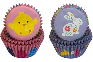 100Pcs Easter Cupcake Liners, 2 Styles Bunny Chick Flower Egg, Colorful Easter Patterns Baking Cups, Cute Paper Disposable Cu