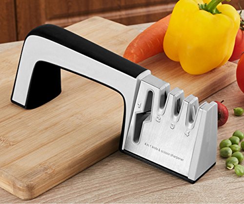 4 Stage Knife Sharpener and Scissors Sharpening System with Safe Handle & Non-slip Base, 4 in 1 Fast Sharpening Tool (Black)