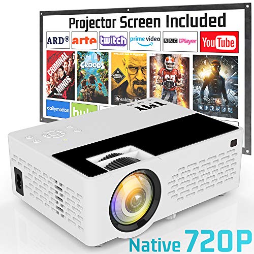 Projector Native 720P, TMY 3800 Lux [100″ Projector Screen Included] Video Projector Full HD 1080P Supported, Portable Mini Projector Compatible with HDMI USB VGA TF TV Stick DVD for Home Cinema.