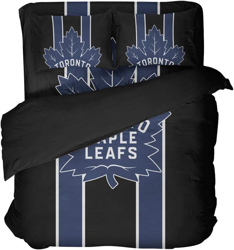 4PCS Bed Full American Hockey Bedding Toronto Team Flat Sheet, 3D Printed Striped Leaf Bed Set Sports Quilt Covers