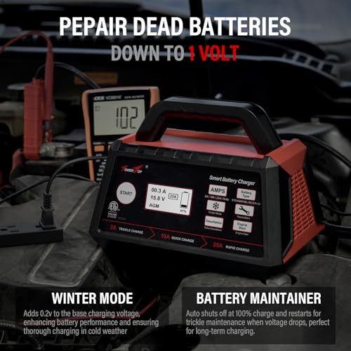 TowerTop 2/10/25 Amp 12V Smart Car Battery Charger, Fully Automatic Battery Maintainer with Engine Start, Auto Desulfator, Battery Repair, Winter Mode, for AGM, STD, Gel, Deep Cycle Batteries（Red）