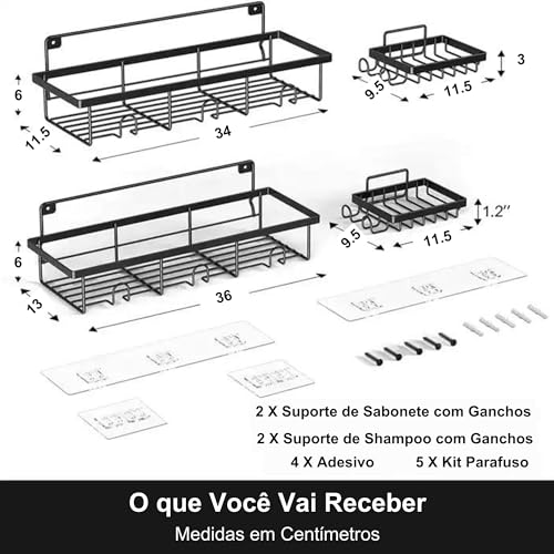 Kit com 4 Suportes, Suporte Para Shampoo Box, Suporte Banheiro Preto, Adesivo, Suporte Banheiro Sem Furo, Também Possível Com Furo