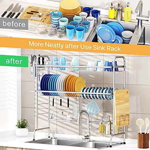 Over The Sink Dish Drying Rack - iSPECLE Stainless Steel 2 Tier Dish Rack Large Above Sink Drying Rack Kitchen Sink Shelf, Silver