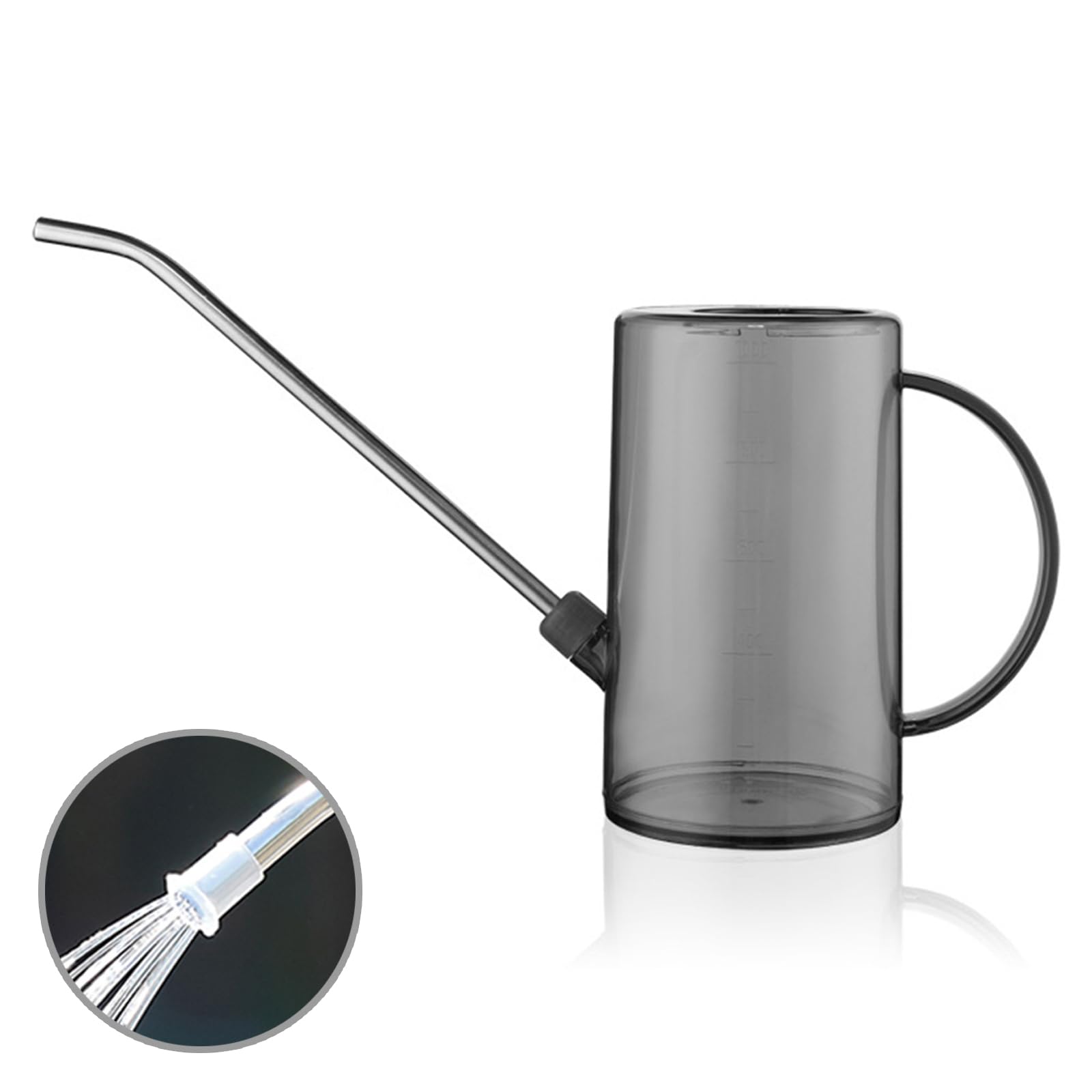 Reagia Plastic Watering Can, 1L/34oz, Grey, Long Stainless Steel Spout, Easy Fill, Measurement Markings, Indoor/Outdoor Plants