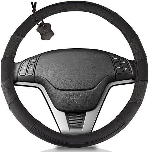 Genuine Soft Black Leather Steering Wheel Cover: Universal fits 15 Inch Size, Anti-Slip, Elegant, Excellent Grip, and Easy Install Wheel Wrap