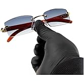 Rimless Gold Frame Blue Gray Tint Lens Luxury Rectangle Woodgrain Sunglasses for Women Men Shades Retro 90s Frameless Vintage Y2K Small Square Trendy Sun Glasses