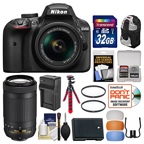 Nikon-D3400-Digital-SLR-Camera-18-55mm-VR-70-300mm-DX-AF-P-Lenses-with-32GB-Card-Backpack-Battery-Charger-Flex-Tripod-Filters-Kit