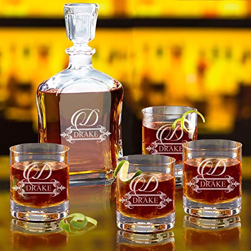 My Personal Memories, Personalized 5 pc Whiskey Decanter Set - Decanter and 4 Glasses Gift Set - Custom Engraved with Fancy Design - Image 4