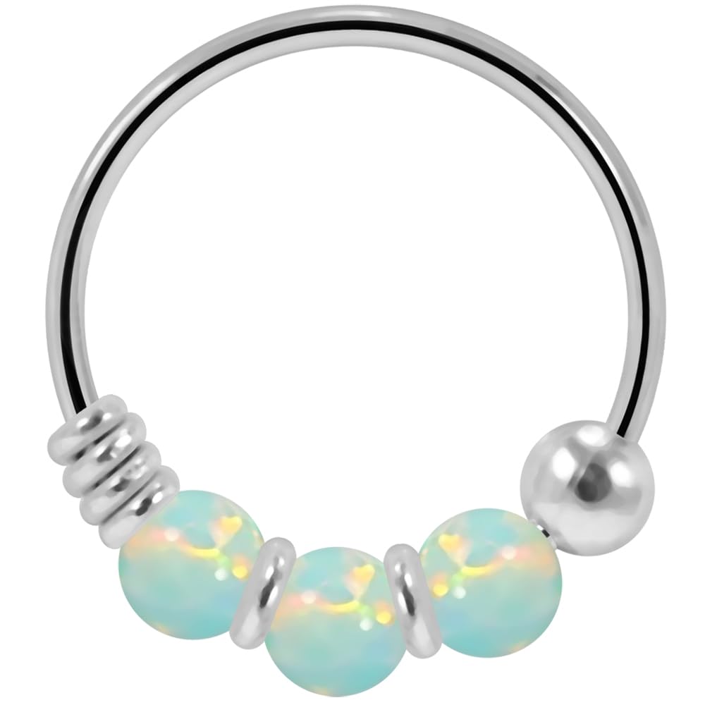 AZARIO LONDON 9K Solid White Gold Triple Light Green Opal Bead 22 Gauge Hoop Nose Ring Nose Piercing Jewellery โ image 1
