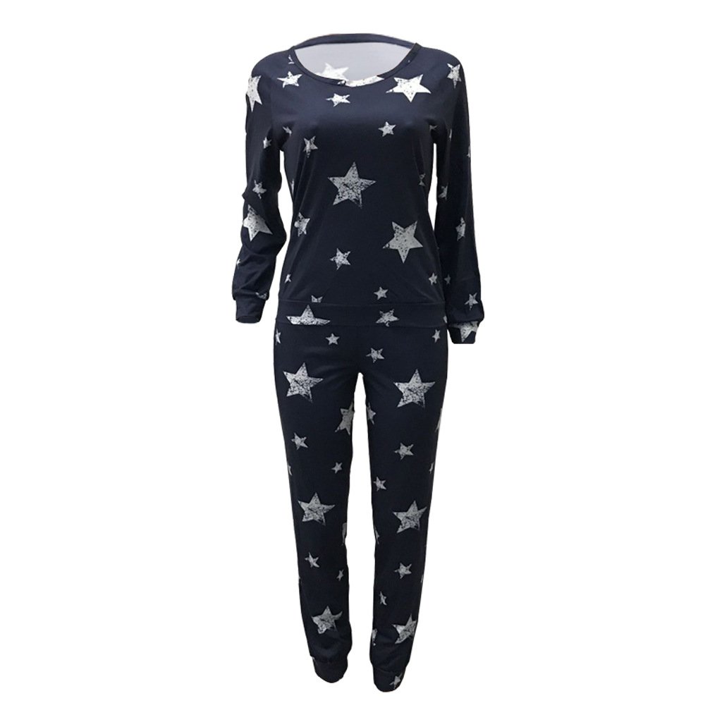 Mycherish Women Round Neck Cotton Flannel Pajamas Two Pieces Set with Star Pattern X-Large Cyan