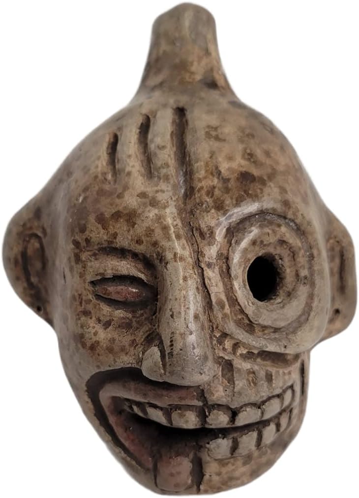 Mixed Media - Duality Death Whistle, Life and Death, Medium Size, Loud, Handmade Clay Aztec Replica, Death Whistle (Natural)