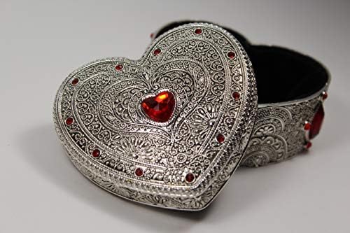 [GiftsNMemories (S) Heart Silver Plated Jewelry Box with Gemstones, Red] Wedding Ring Box, Ring Bearer Pillow, Gemstone Jewelry Box, Engagement Gift, Favor Box, Trinket Dish