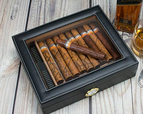 Cigar Humidor, Handmade Cedar Cigar Storage case Covered with Black Leather Holds 20-25 Cigars (Black)
