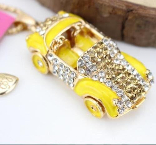 Pendant Betsey Johnson Yellow Sports car Enamel rhinestone chain Retro necklace