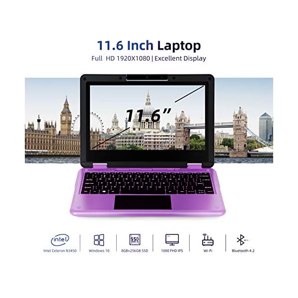 AWOW 11.6" Laptop, 2 in 1 Windows 10 Laptop, FHD Kids Laptop, Intel 4 Core Celeron N4120, 6GB RAM 256GB M.2 SSD, Touch Screen Laptop with Stylus, Purple