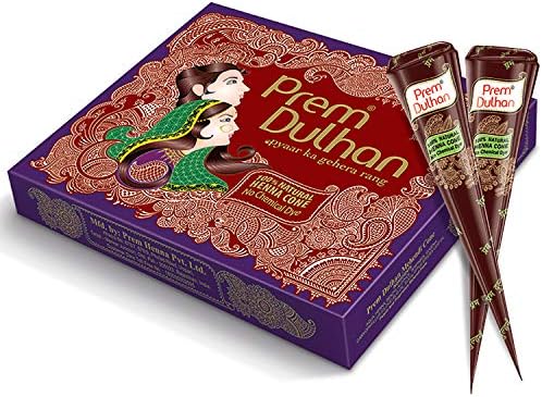 Prem Dulhan Mehendi Cone 12pc in 1 box, made from 100% pure leaf of natural Henna No Chemicals, No PPD, No Side Effects Box color purple & cone Brown(Pack of 1)