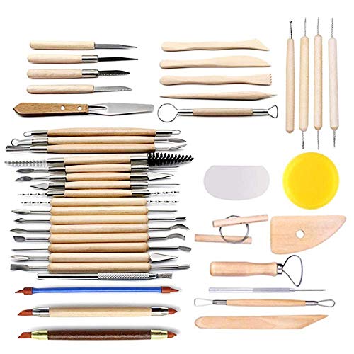 LINGSFIRE Pottery Tools, 44PCS Clay Sculpting Tools Wooden Handle Pottery Carving Tool Set Clay Cleaning Tools Kits Rock Painting Kit for Sculpture Pottery Art Crafts, Safe for Kids (44Pcs)