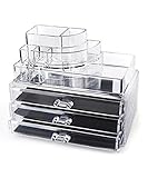 Home-it Clear acrylic makeup organizer cosmetic organizer and Large 3 Drawer Jewerly Chest or makeup storage ideas Case Lipstick Liner Brush Holder make up boxes Organizer measures (10