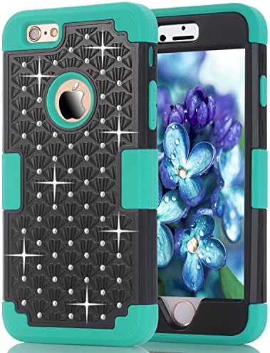 iPhone 6s Case, Sparkle Rhinestone Three Layers Verge Hybrid Soft Silicone Hard Plastic Triple Shockproof Case Cover for Apple iPhone 6/6s 4.7 Inch (Green+Black)