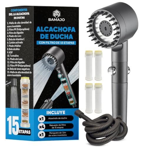 BAMAJO© Shower Head with 15 Stage Filter – Anti-Limescale Shower Filter with 1.5 M Hose – High Pressure Shower Head with 3 + 1 Water Saving Modes – 4 Anti-Limescale Shower Filters – Shower Head