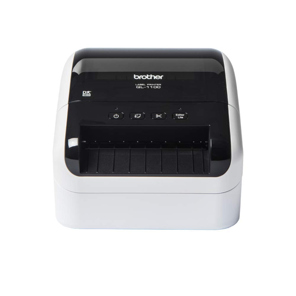 Brother QL-1100 Label Maker, USB 2.0, Shipping & Barcode Label Printer, Desktop, Up to 4 inch Wide Labels, Includes 41 x Large Shipping Labels & 62mm Continuous Tape Roll, UK Plug