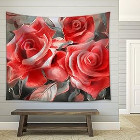 red Roses Motif Hand Painted Oil on Canvas - Fabric Wall Tapestry Home Decor - 51x60 inches