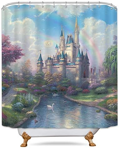 Wowzone Castle Rainbow Kids Forest Princess Lake Cinderella Polyester Fabric Shower Curtain 72x72 Inch 12-Pack Plastic Hooks for Bathroom Blue Colorful