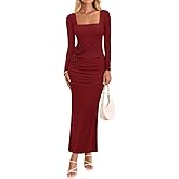 ZESICA Women's Spring Long Sleeve Bodycon Maxi Dresses 2026 Elegant Square Neck Ruched Wedding Guests Cocktail Party Dress