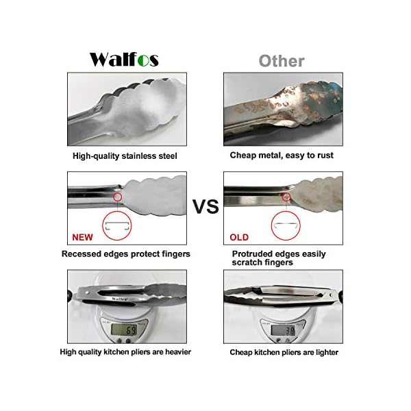 Walfos Food Grade Stainless Steel Kitchen Tongs for Cooking,BBQ - 7 ，9 and 12 Inch,Set of 3 Heavy Duty Locking Metal…