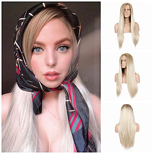 RainaHair Long Women's Blonde Wig Real Hair witn Brown Roots Side Part Synthetic Lace Front Wigs Ombre Straight Hair Heat Safe Natural Hairline 24 inches โ image 1