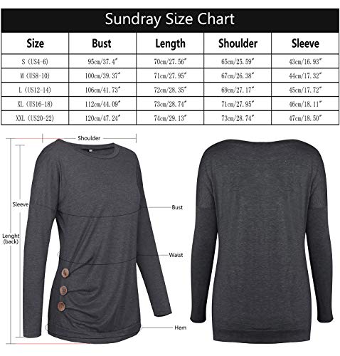 Women\'s Button-Down Pleated T-Shirt Round Neck Tops Casual Tunics Long Sleeve Blouse Grey XL