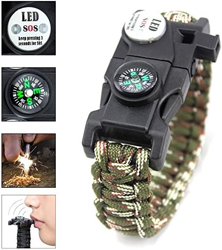 20 in 1 Paracord Bracelet - Survival Gear Kit with SOS LED Light, Compass, Fire starter, Emergency Whistle &amp; Knife, Multi Tool for Hiking, Camping and Climbing - Camo Green