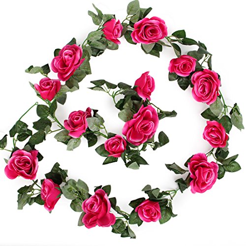 Luyue Vintage Artificial Silk Rose Flower Ivy Vine Leaf Garland Hanging Vine Wedding Home Indoor/Outdoor Decor (2 Pcs) (Rose Red)