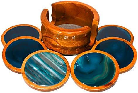 Teal Agate Coaster Set with Wooden Base (Set of 6)