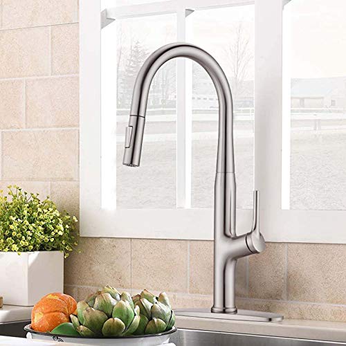 Besfelos Kitchen Faucet with Pull Down Sprayer, Single Handle Commercial Pull Out Sink Faucet, Single Handle Stainless Steel Kitchen Sink Faucets with Single Hole Deck Plate, Brushed Nickel