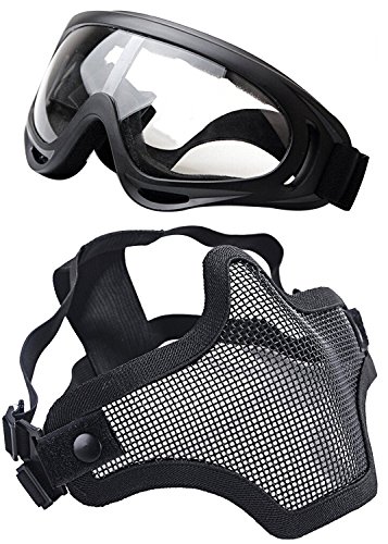 WalkingMan Skull Airsoft Mask and Goggles - Tactical Lower Face Mask Steel Metal Mesh - for BB Gun/CS Game/Paintball - Outdoors Ghost Mask Army for Men&Women (Black gogles)