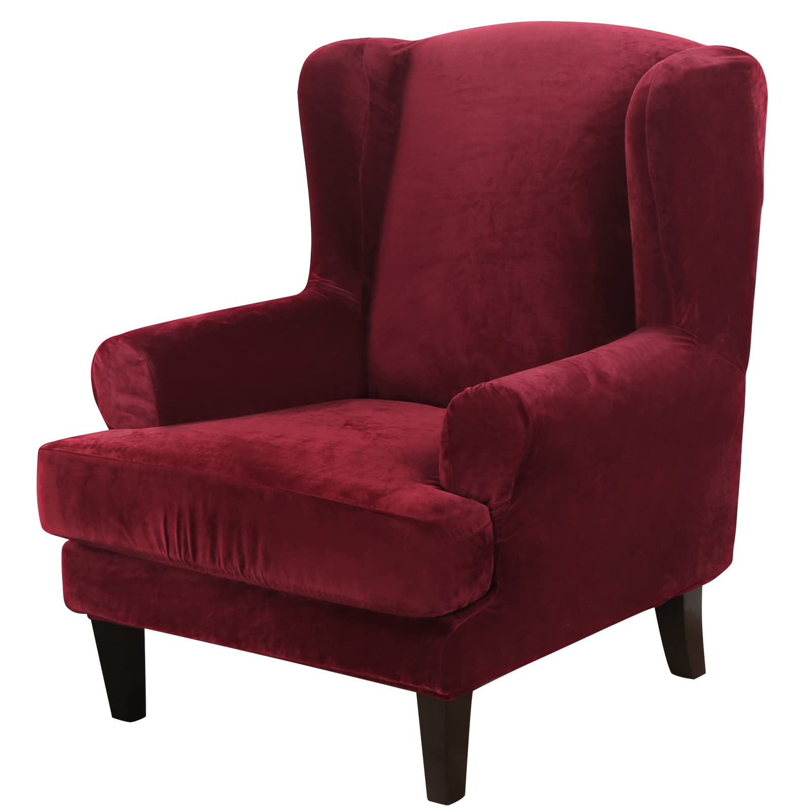 ele ELEOPTION Wingback Chair Cover 2 Piece Set - 2 IN 1 Design Removable High Stretch Soft Velvet Wing Back Chair Covers Armchair Slipcover Protector for Living Room Bedroom Hotel (Wine Red, Velvet)