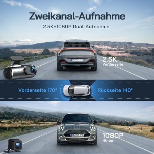 Dashcam Auto Vorne Hinten 4K WiFi Dash Cam, Ultra-Nachtsicht, 170°-Weitwinkel, WDR, 24 Std. Parkmodus, G-Sensor, Loop-Aufnahme
